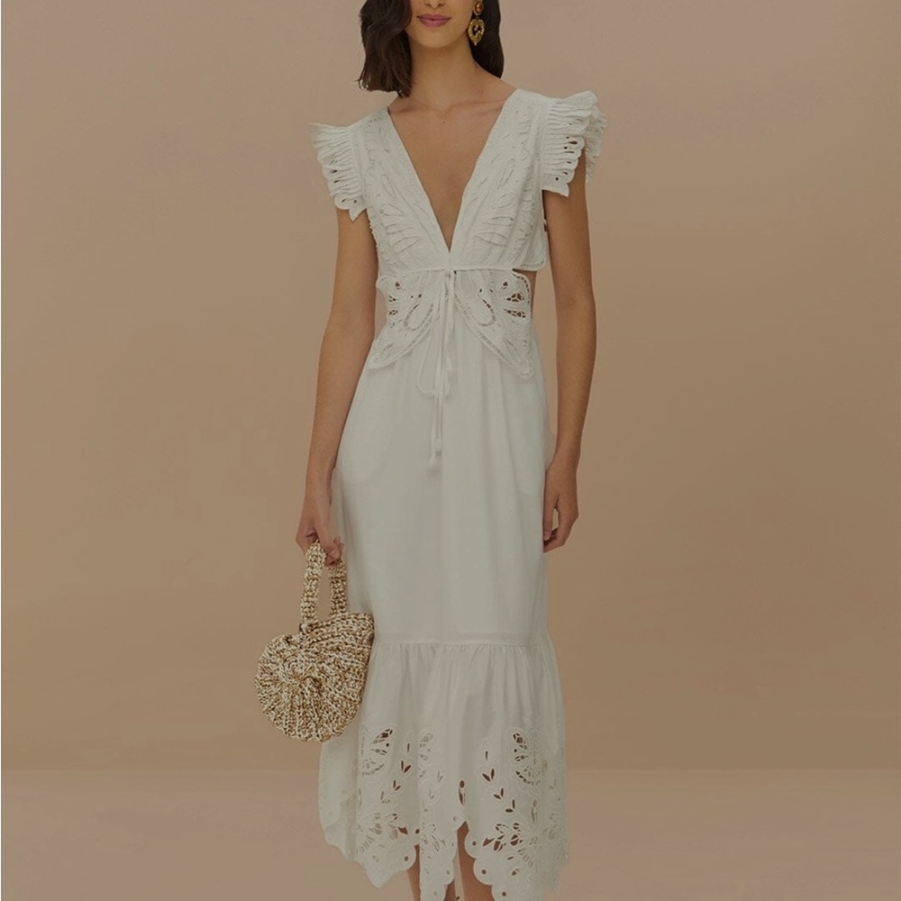FARM Rio Cream Midi Dress with Lace Details